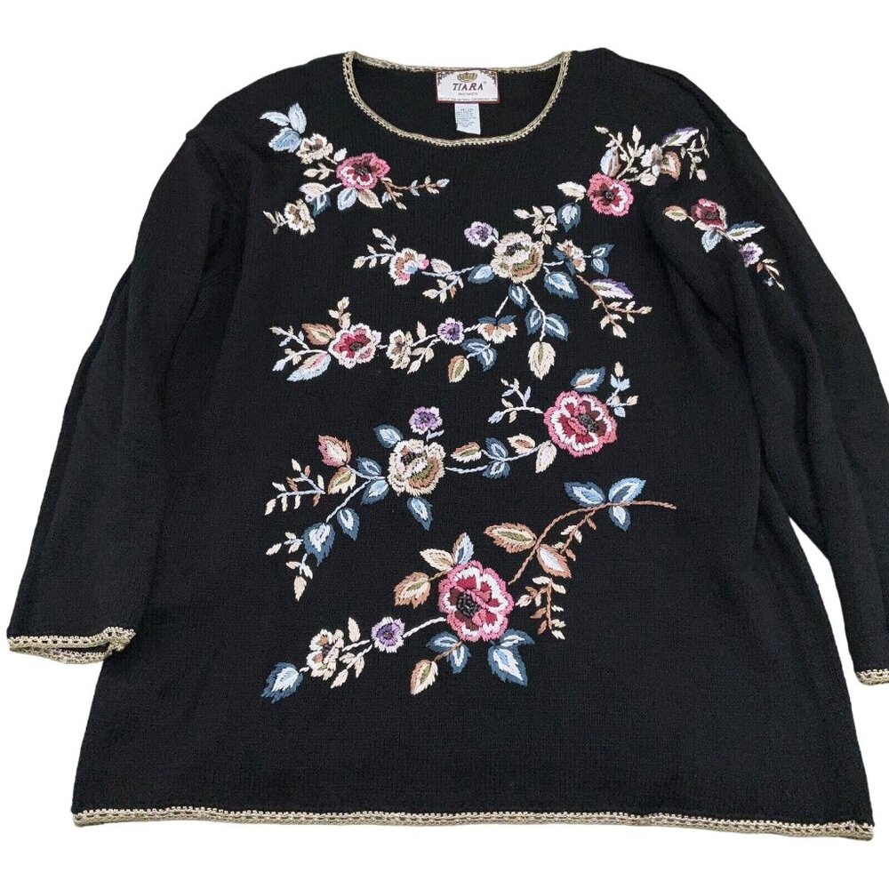 Tiara Sweater Women 18-20 2XL Black Pink Multi 3D Floral Cotton Ramie 80s VTG